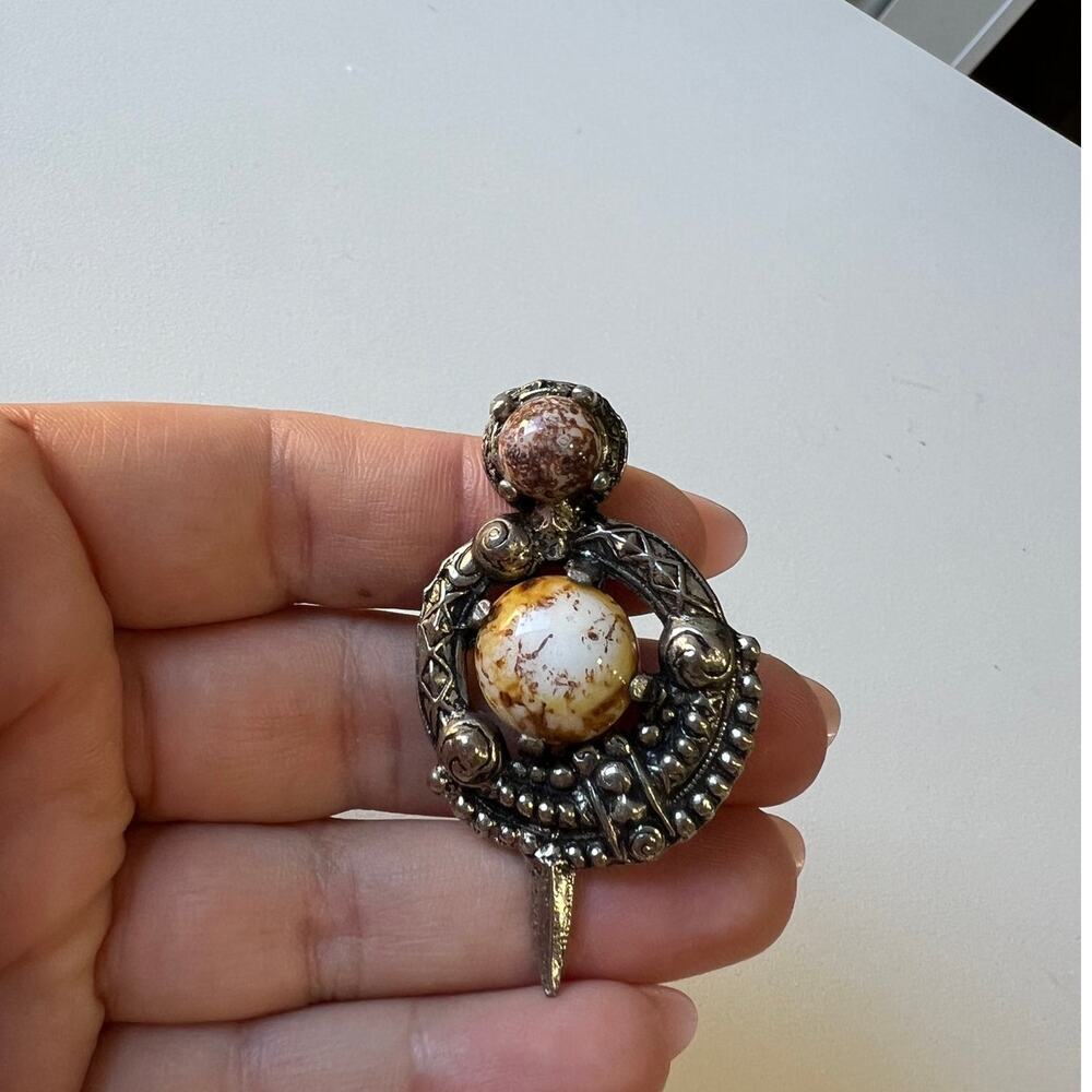 Vintage Celtic-Style Brooch with Marbled Stone Accents | Antique Silver-Tone Pin